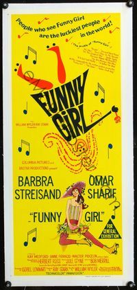 2y270 FUNNY GIRL linen Australian daybill '69 William Wyler, stone litho art of Barbra Streisand!