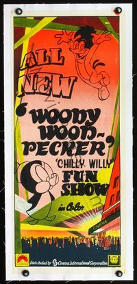 2y283 WOODY WOODPECKER CHILLY WILLY FUN SHOW linen Aust daybill '70s cool cartoon stone litho!