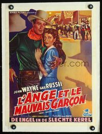 2y022 ANGEL & THE BADMAN linen Belgian '47 different art of cowboy John Wayne & sexy Gail Russell!