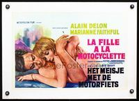 2y039 GIRL ON A MOTORCYCLE linen Belgian '68 different art of sexy Marianne Faithfull & Alain Delon!