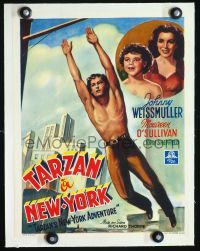 2y004 TARZAN'S NEW YORK ADVENTURE linen Belgian '42 cool art of Weissmuller, O'Sullivan & Sheffield!