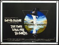 2y177 MAN WHO FELL TO EARTH linen British quad '76 Nicolas Roeg, art of David Bowie by Vic Fair!