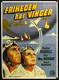 2y095 FLIGHT FOR FREEDOM linen Danish '43 cool art of pilots Rosalind Russell & MacMurray by Wenzel!
