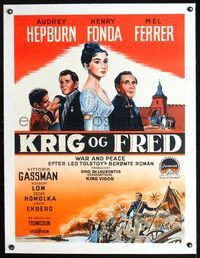 2y098 WAR & PEACE linen Danish poster'56 Audrey Hepburn, Henry Fonda, Mel Ferrer, Leo Tolstoy epic!
