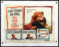2y311 BELL, BOOK & CANDLE linen style B half-sheet '58 James Stewart kissing sexy witch Kim Novak!