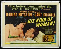 2y326 HIS KIND OF WOMAN linen 1/2sh '51 c/u art of Robert Mitchum & sexy Jane Russell, Howard Hughes