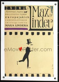 2y241 LAUGH WITH MAX LINDER linen Polish 23x33 '65 cool art of man in tux & top hat by Jerzy Flisak!