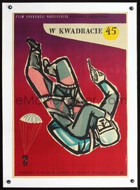 2y256 V KVADRATE 45 linen Polish 23x34 '56 cool art of sky-diver in mid-air with gun by Jaworowski!
