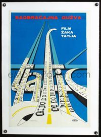 2y079 TRAFFIC linen Yugoslavian '71 Jacques Tati, cool completely different art of cars on highway!