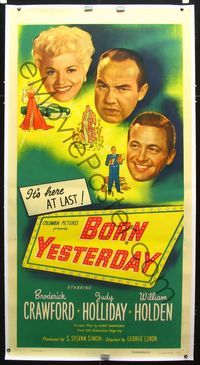 2z155 BORN YESTERDAY linen 3sh '51 headshots of Judy Holliday, William Holden & Broderick Crawford!