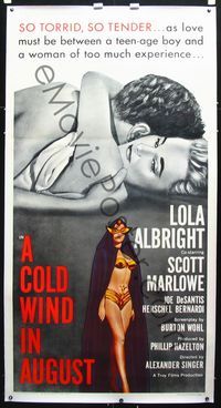 2z158 COLD WIND IN AUGUST linen 3sh '61 full-length sexy half-dressed Lola Albright in wacky mask!