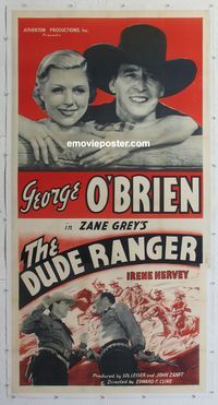 2z159 DUDE RANGER linen three-sheet R1930s close up of George O'Brien & pretty Irene Hervey, Zane Grey!