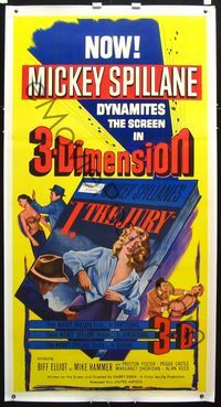 2z173 I THE JURY linen 3D 3sh '53 Mickey Spillane, great image of sexy girl stripping on book cover!