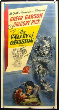 2z202 VALLEY OF DECISION linen 3sh '45 stone litho of pretty Greer Garson romanced by Gregory Peck!