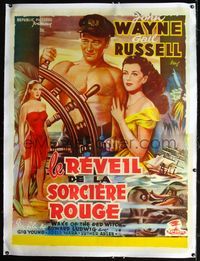 2z110 WAKE OF THE RED WITCH linen French 39x53 '49 great art of sailor John Wayne & Gail Russell!