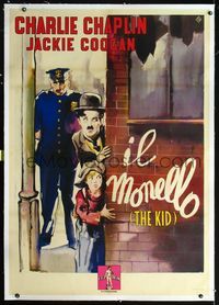2z101 KID linen Italian 1panel R50s great art of Charlie Chaplin & Jackie Coogan chased by cop!