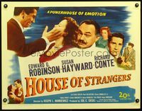3a151 HOUSE OF STRANGERS half-sheet '49 Edward G. Robinson, Richard Conte slaps Susan Hayward!