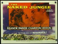 3a174 NAKED JUNGLE half-sheet '54 romantic close up of Charlton Heston & Eleanor Parker, George Pal
