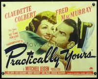 3a178 PRACTICALLY YOURS 1/2sh '44 art of Claudette Colbert hugging Air Force pilot Fred MacMurray!