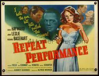 3a184 REPEAT PERFORMANCE style A half-sheet '47 full-length art of sexy Joan Leslie pointing gun!