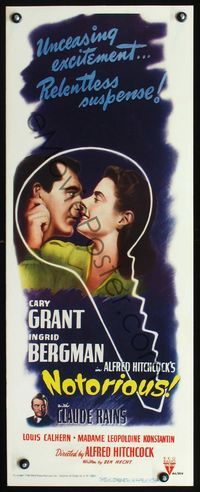 3a031 NOTORIOUS insert '46 Hitchcock, classic art of Cary Grant & Ingrid Bergman in key outline!