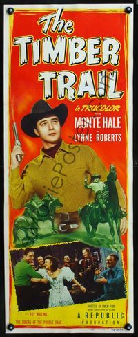 3a037 TIMBER TRAIL insert '48 great image of Monte Hall holding smoking gun, and on horseback!