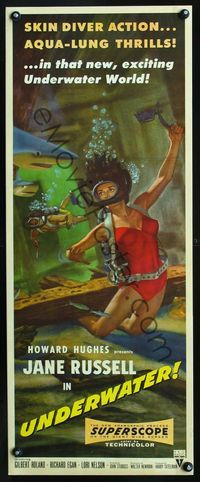 3a038 UNDERWATER insert movie poster '55 Howard Hughes, sexiest artwork of skin diver Jane Russell!