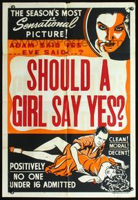 3a040 SHOULD A GIRL SAY YES 1sheet '40s great art of guy seducing beautiful girl laying on ground!