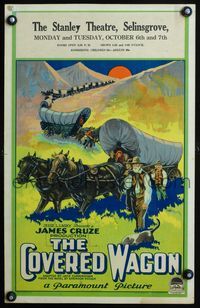 3a068 COVERED WAGON WC '23 James Cruze, cool stone litho of pioneers & wagon train on Oregon Trail!