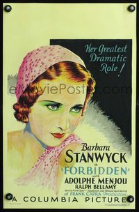3a075 FORBIDDEN WC '32 wonderful head-and-shoulders art of beautiful Barbara Stanwyck, Frank Capra