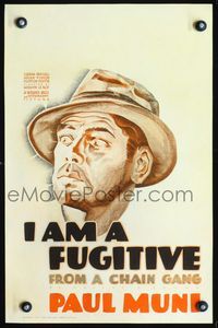 3a082 I AM A FUGITIVE FROM A CHAIN GANG WC '32 great close up art of escaped convict Paul Muni!