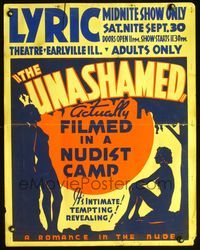 3a054 UNASHAMED jumbo window card '38 great naked silhouette art, actually filmed in a nudist camp!