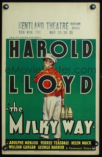 3a087 MILKY WAY window card '36 great full-length art of milkman Harold Lloyd carrying milk bottles!
