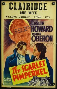 3a098 SCARLET PIMPERNEL WC '34 great romantic artwork of Leslie Howard & pretty Merle Oberon!