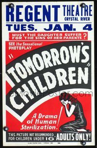 3a051 TOMORROW'S CHILDREN red window card R38 cool art of girl facing forced human sterilization!