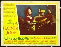 3b308 CARMEN JONES movie lobby card #6 '54 Dorothy Dandridge sings in jeep with Harry Belafonte!