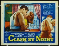 3b321 CLASH BY NIGHT lobby card #1 '52 Fritz Lang, Barbara Stanwyck kisses Robert Ryan in T-shirt!