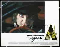 3b323 CLOCKWORK ORANGE LC #3 '72 Stanley Kubrick classic, best c/u of Malcolm McDowell driving!