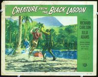 3b336 CREATURE FROM THE BLACK LAGOON LC #7 '54 Julia Adams watches Gozier attack monster on beach!