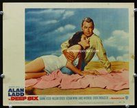 3b348 DEEP SIX lobby card #1 '58 great close up of Alan Ladd holding sexiest Dianne Foster on beach!