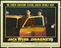 3b365 DRAGNET LC #7 '54 Jack Webb as Joe Friday with police captain Richard Boone by cop car!