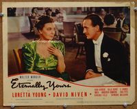 3b370 ETERNALLY YOURS LC '39 close portrait of David Niven in tuxedo with Zasu Pitts at table!