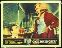 3b405 GOLDFINGER LC #1 '64 sexy dangerous Shirley Eaton holds gun on Sean Connery as James Bond!