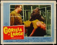 3b407 GORILLA AT LARGE lobby card #8 '54 great wacky image of big fake ape holding unconscious girl!