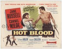 3b108 HOT BLOOD signed TC '56 by sexy gypsy Jane Russell, who is with Cornel Wilde holding a whip!