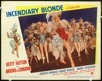 3b444 INCENDIARY BLONDE lobby card #5 '45 Betty Hutton in sexy outfit with many showgirls on stage!