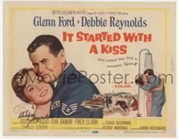 3b115 IT STARTED WITH A KISS signed TC '59 by Debbie Reynolds, who is kissing Glenn Ford in shower!