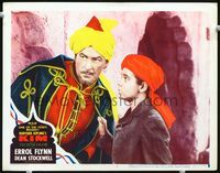 3b457 KIM movie lobby card #2 '50 close up of Errol Flynn & Dean Stockwell in colorful Indian garb!