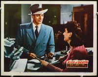 3b460 KISS OF DEATH LC #4 '47 scared Victor Mature with gun at desk, classic Ben Hecht film noir!