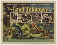 3b128 LAND UNKNOWN TC '57 a paradise of hidden terrors, great artwork of dinosaurs by Ken Sawyer!